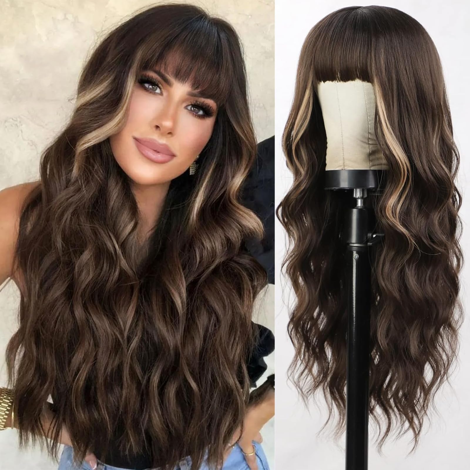 Lativ Brown Wig With Bangs Long Wavy Brown Hightlight Wigs Natural Curly Synthetic Wig for Women Daily Party Use 26 Inches