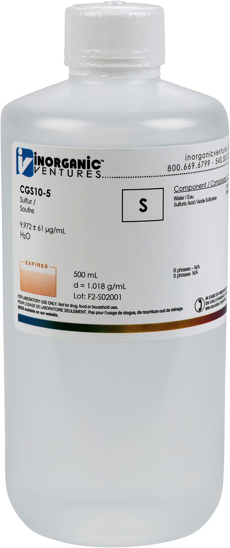 Inorganic Ventures CGS10-5 10,000ppm Sulfur (S) Standard for ICP, 500mL Volume