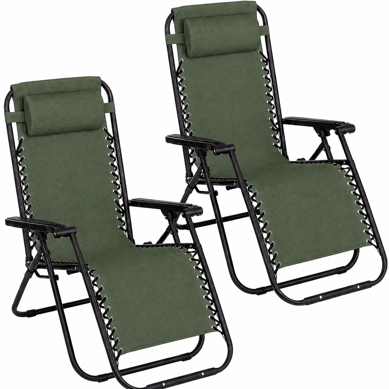 KROWN - Tumbonas Plegables de Exterior para Jardín, Playa, Piscina y Terraza - Sillas Gravedad Zero, Inclinables, de Acero Ligero, Tejido Oxford con Reposacabezas (Verde, Pack 2)