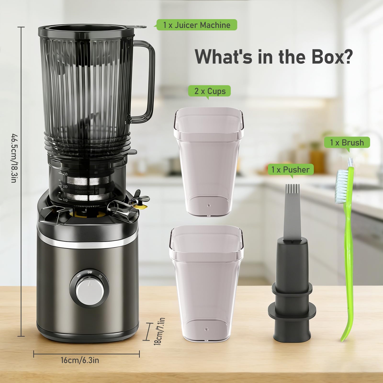 Extractor de Zumo Profesional 120mm, Exprimidor Eléctrico Lento 65RPM con Tritan(Libre de BPA), Slow Juicer 2.3L de Gran Capacidad para Frutas y Verduras - Máximo Nutriente, Incluye Cepillo