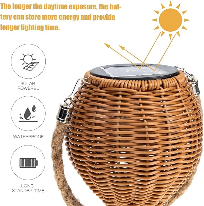 KZT Buiten Hanglamp Solar Lantaarn IP65 Waterdichte Tuin Solar Lamp Boho Rotan Lampenkap Hanglamp met LED Lamp Tuinverlichting voor Terras Balkon Binnenplaats Prieel Decoratie (Bruin) photo 2