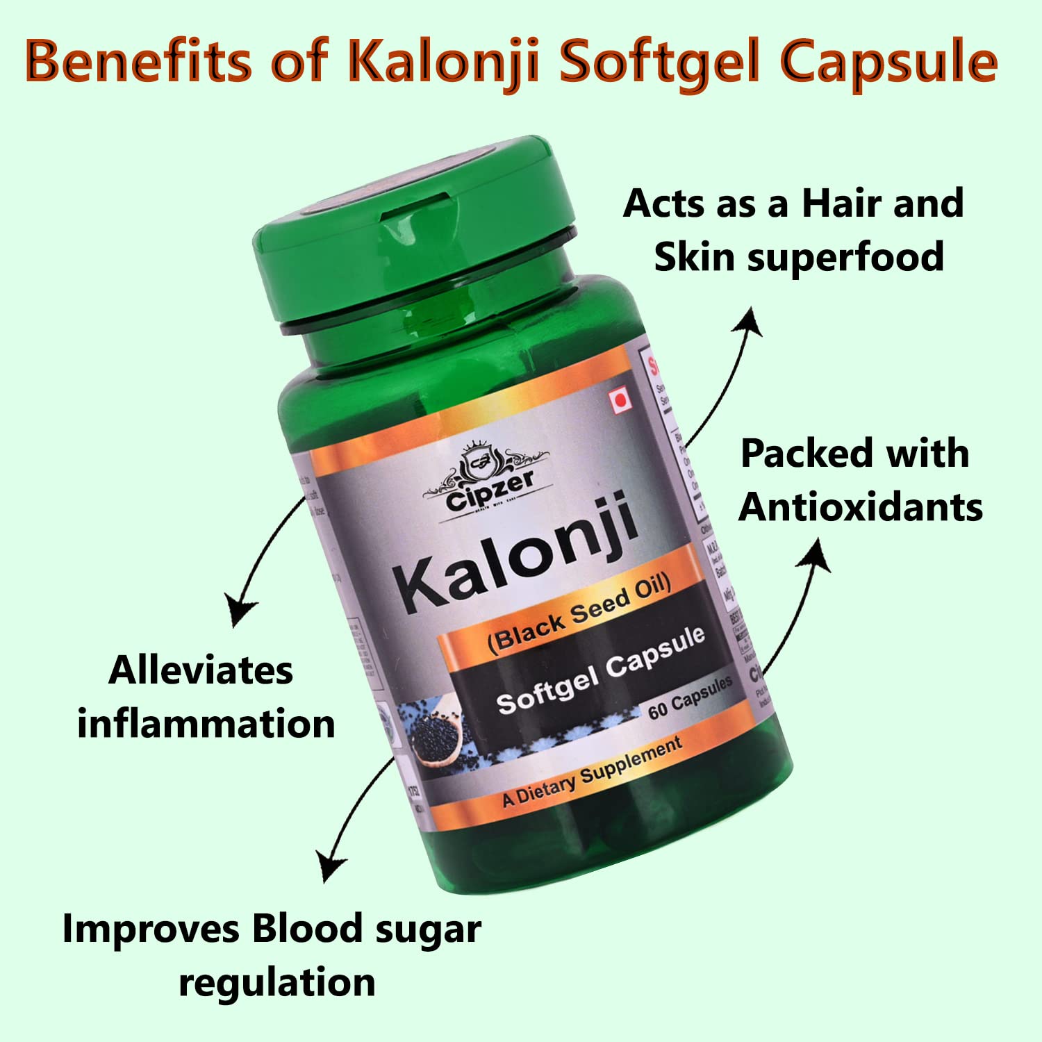 Cipzer Kalonji Oil Softgel Capsules with Ayurvedic Black Seed Extract supplement Helpful in Good Digestion, maintain cholesterol and blood sugar 60 Capsules - Image 2 thumbnail