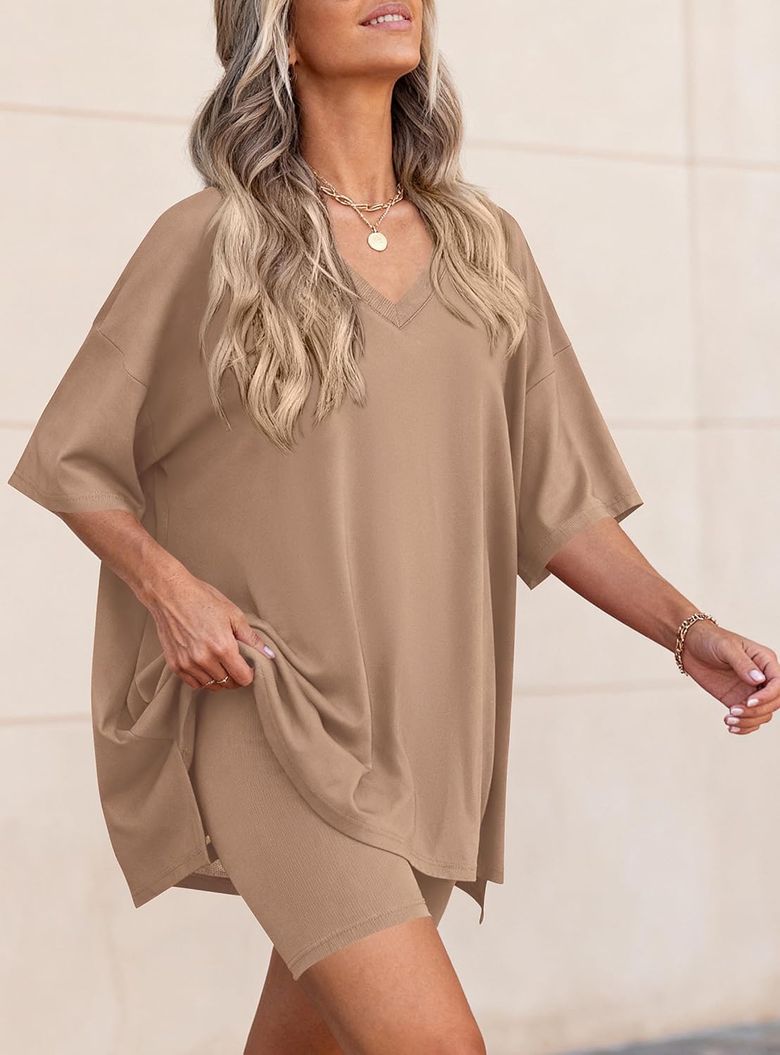 PRETTYGARDEN 2 Piece Sets for Women Summer 2026 Lounge Short Set Spring Matching Biker Shorts V Neck Oversized Shirt Clothing - Image 7