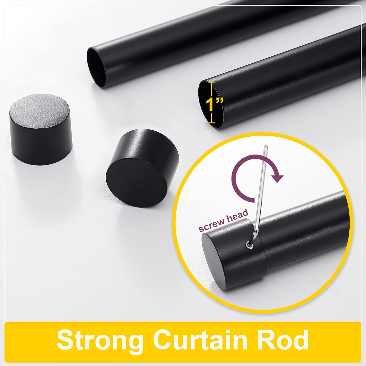NICETOWN Black Adjustable Curtain Rod 1 Diameter Modern End Cap Style Finals/Cylinder Finials Design Decorative Drapery Rod for Closet Cupboard Cafe Loft RV Curtains, 28-48" Length, Matt Black