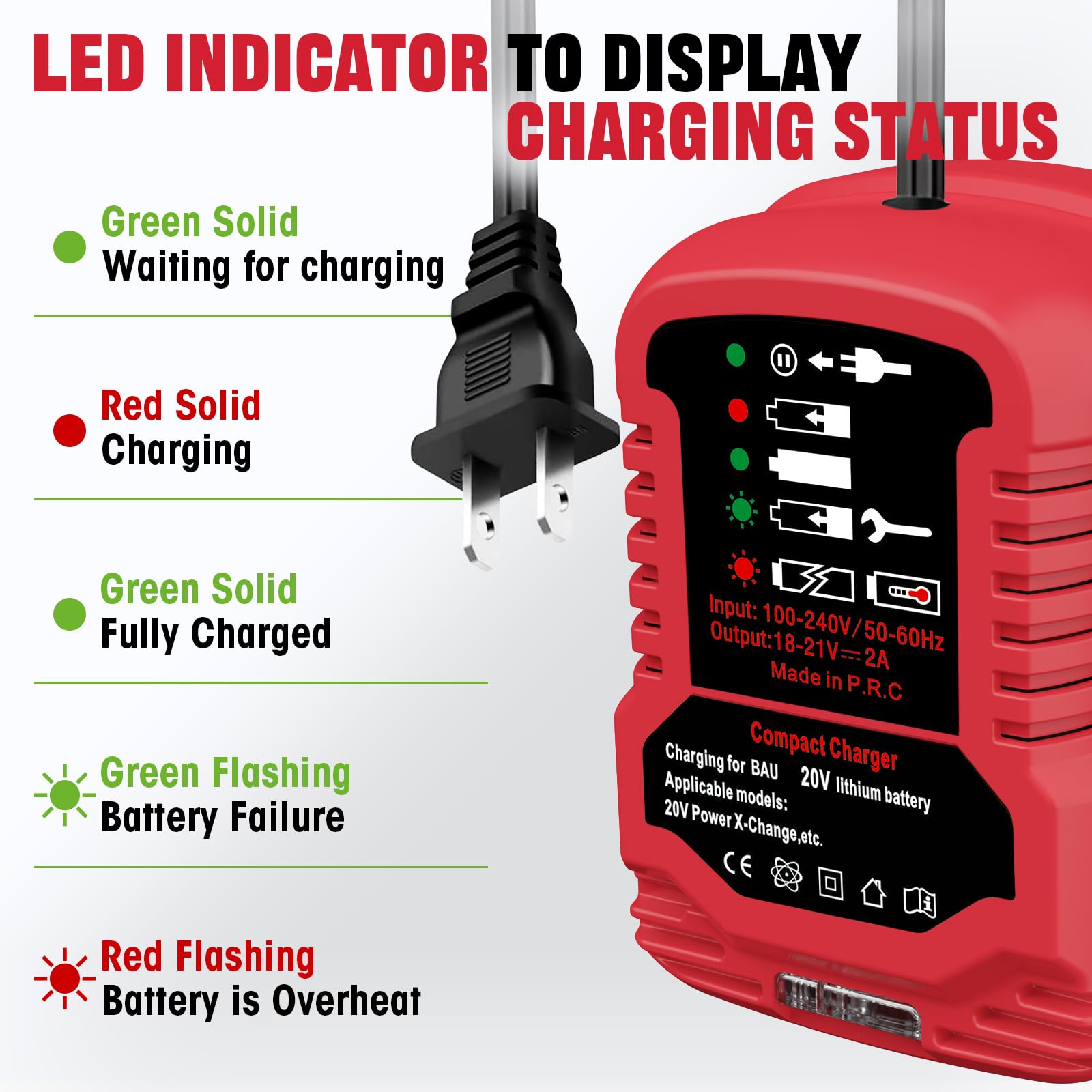 Bauer - Cargador de batería de 20 V con protección contra sobrecalentamiento, para carga rápida Bauer compatible con baterías Bauer de 20 V, herramientas inalámbricas, 2.0 Ah, 4.0 Ah 5.0 Ah, cargador