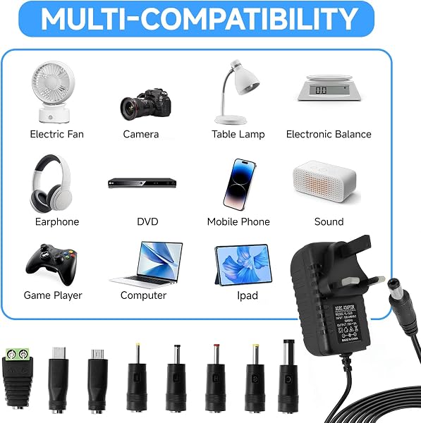 12V 2A Power Supply AC Adapter with 8 DC Plug Tips, Universal AC to DC Converter for LED Strip Lights, CCTV Camera, Router, TV Box and Other 12V Devices, 24W Max Output - 5