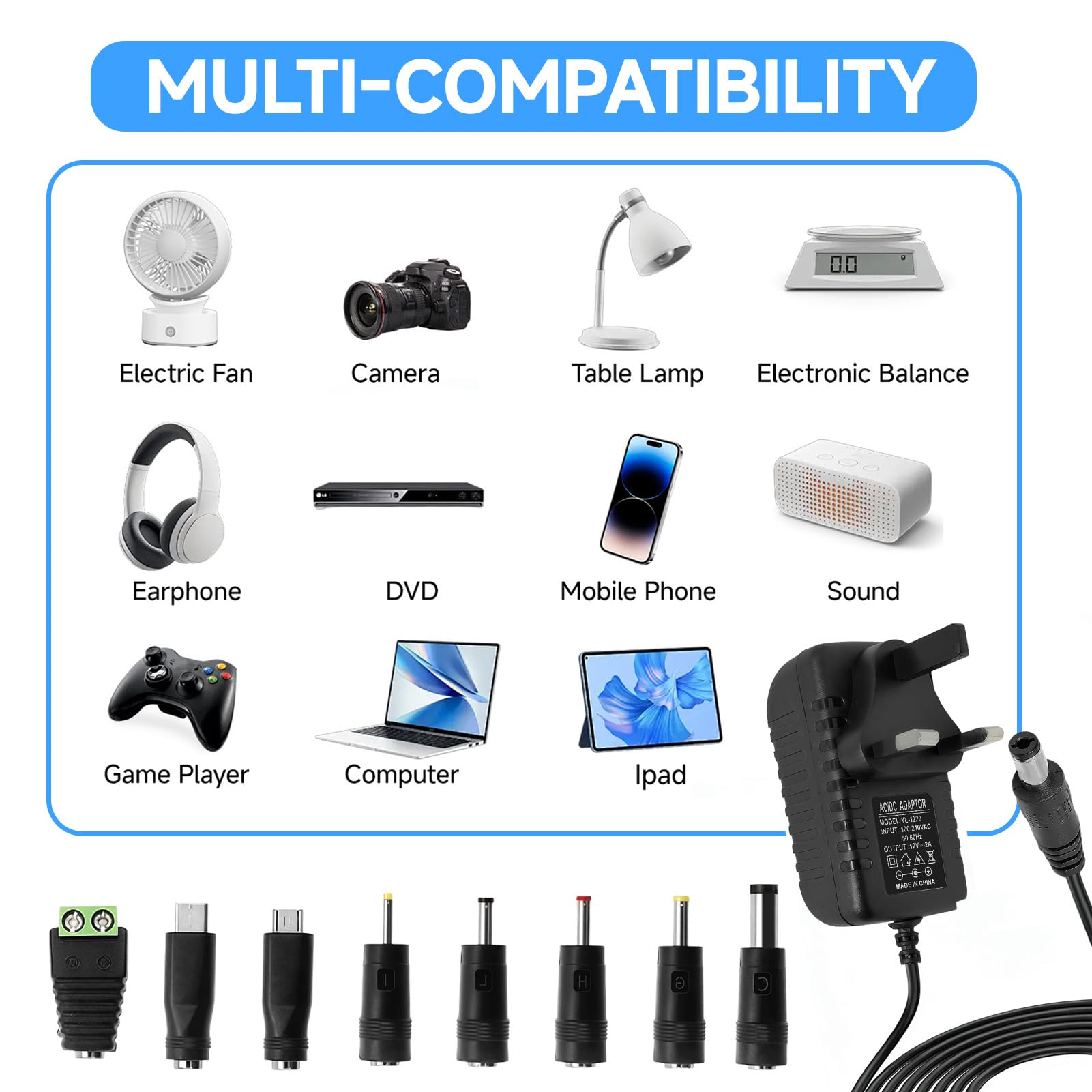 12V 2A Power Supply AC Adapter with 8 DC Plug Tips, Universal AC to DC Converter for LED Strip Lights, CCTV Camera, Router, TV Box and Other 12V Devices, 24W Max Output — view 5
