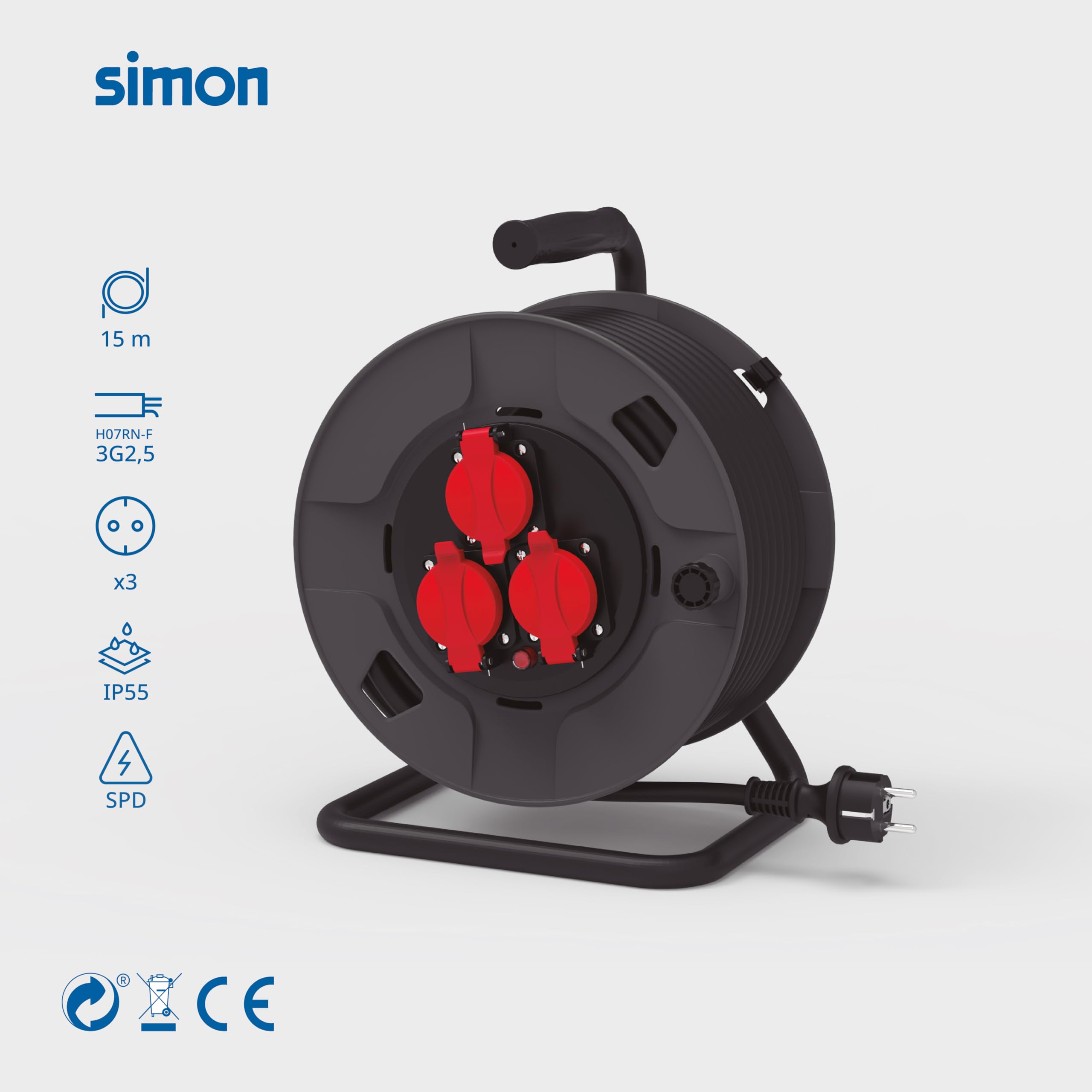 Simon – Extensible Profesional H07RN-F, Alargador Enchufe 3 Tomas IP55, Cable 3G2.5mm² (15m), Enrollacables Resistente para Exteriores, Alargadera Eléctrica, Color Negro y Rojo