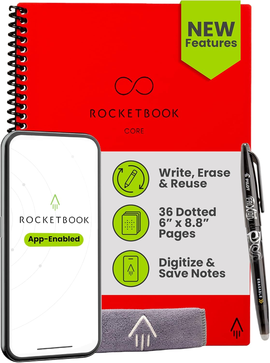 Rocketbook Core Reusable Spiral Notebook, Executive 6x8.8, Red