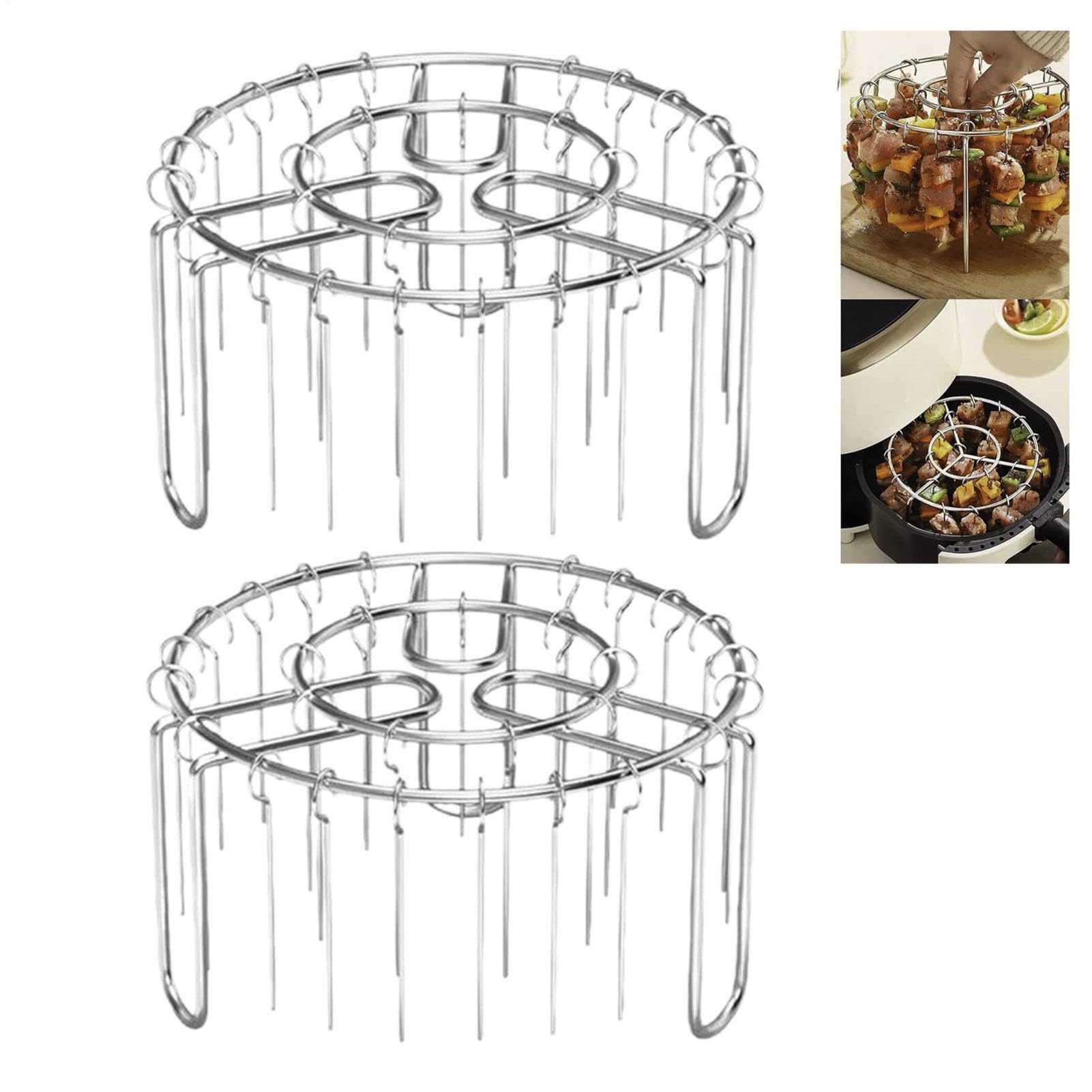 2PCS Air Fryer Rack Round, Stainless Steel Vertical Air Fryer Skewer Rack, AirFryer Grill Racks, Barbecue Kabab Set with 48PC Hanging BBQ Skewers, AirFryer Accessories for Sausage, Fish, Meat