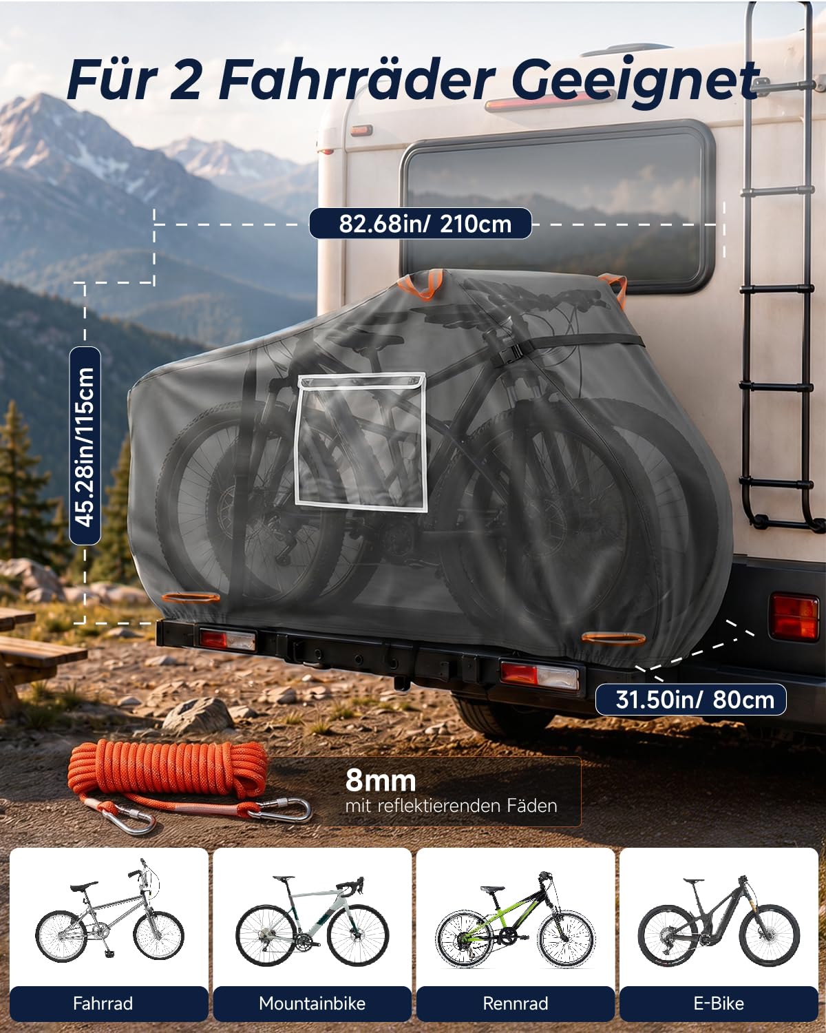 Fahrradabdeckung für 2 Fahrräder, Fahrradabdeckung Wasserdicht Winddicht | 600D fahrradplane, 210×80×115cm, Reißfestigkeit, mit 6M seil und aufbewahrungstasche, Tragbare, für Camping Autoreisen Umzüge