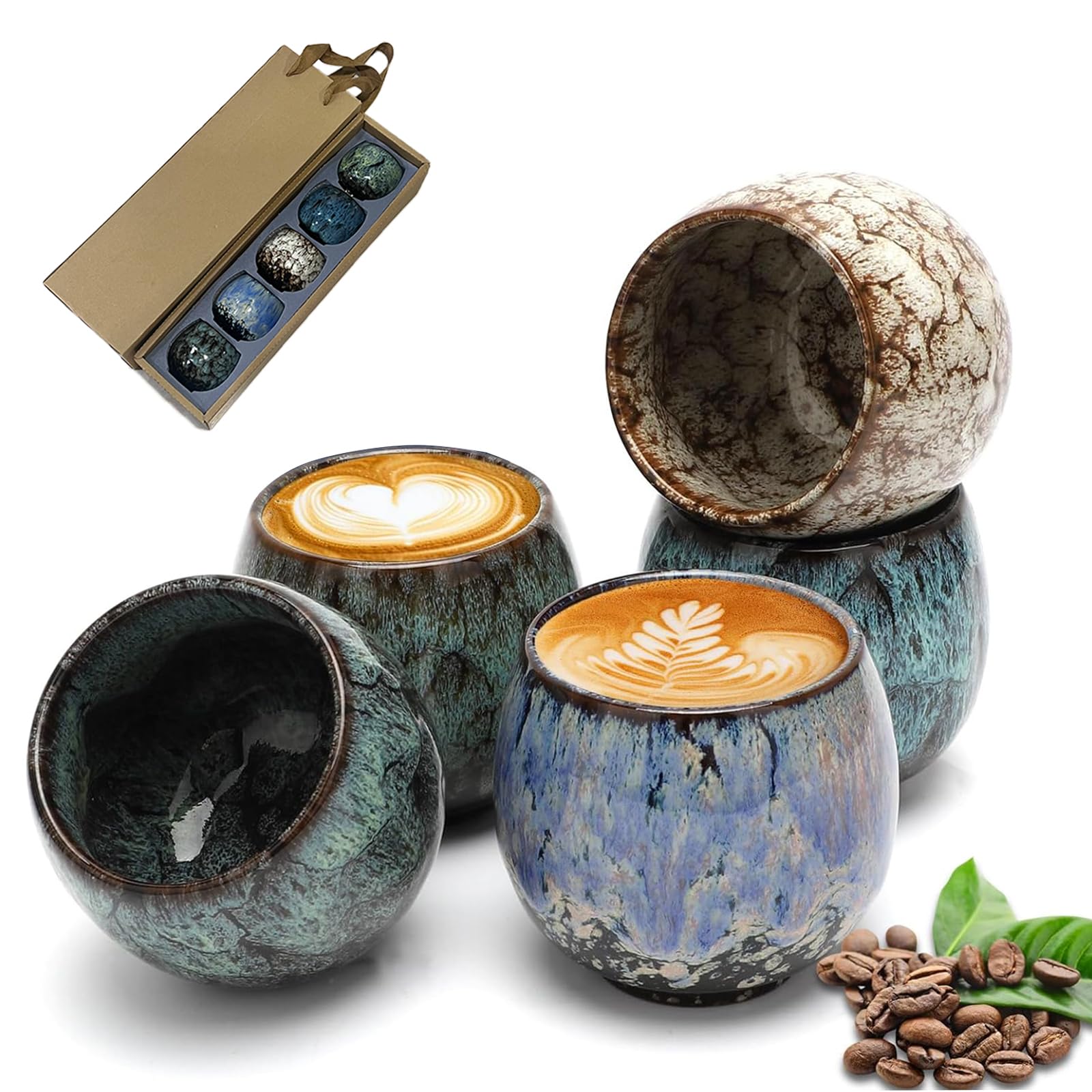 Espressotassen Set, 5 x 100ml Mini Espressotassen, Dickwandig Keramik Kaffeetassen Set, Mokkatassen Ohne Henkel, Geschenk in modernem Design, für Espresso, Mokka, Macchiato, Tee