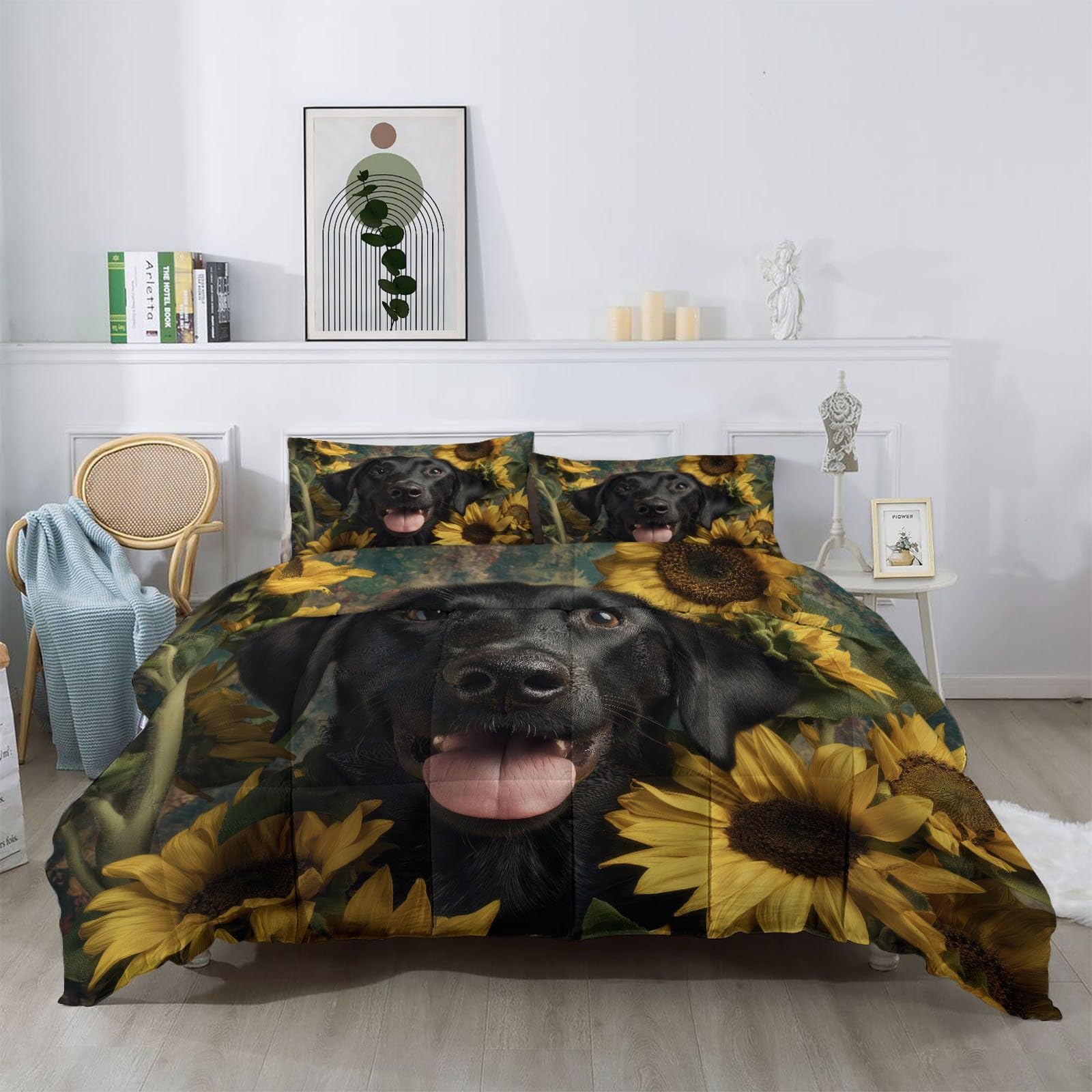 Zwierzęta labrador retriever, słonecznik, poszewka na kołdrę, rozmiar king size (230 x 220 cm), czarno-żółta, dwustronna, na każdą porę roku, z 2 poszewkami na poduszki, miękka i nadająca się do