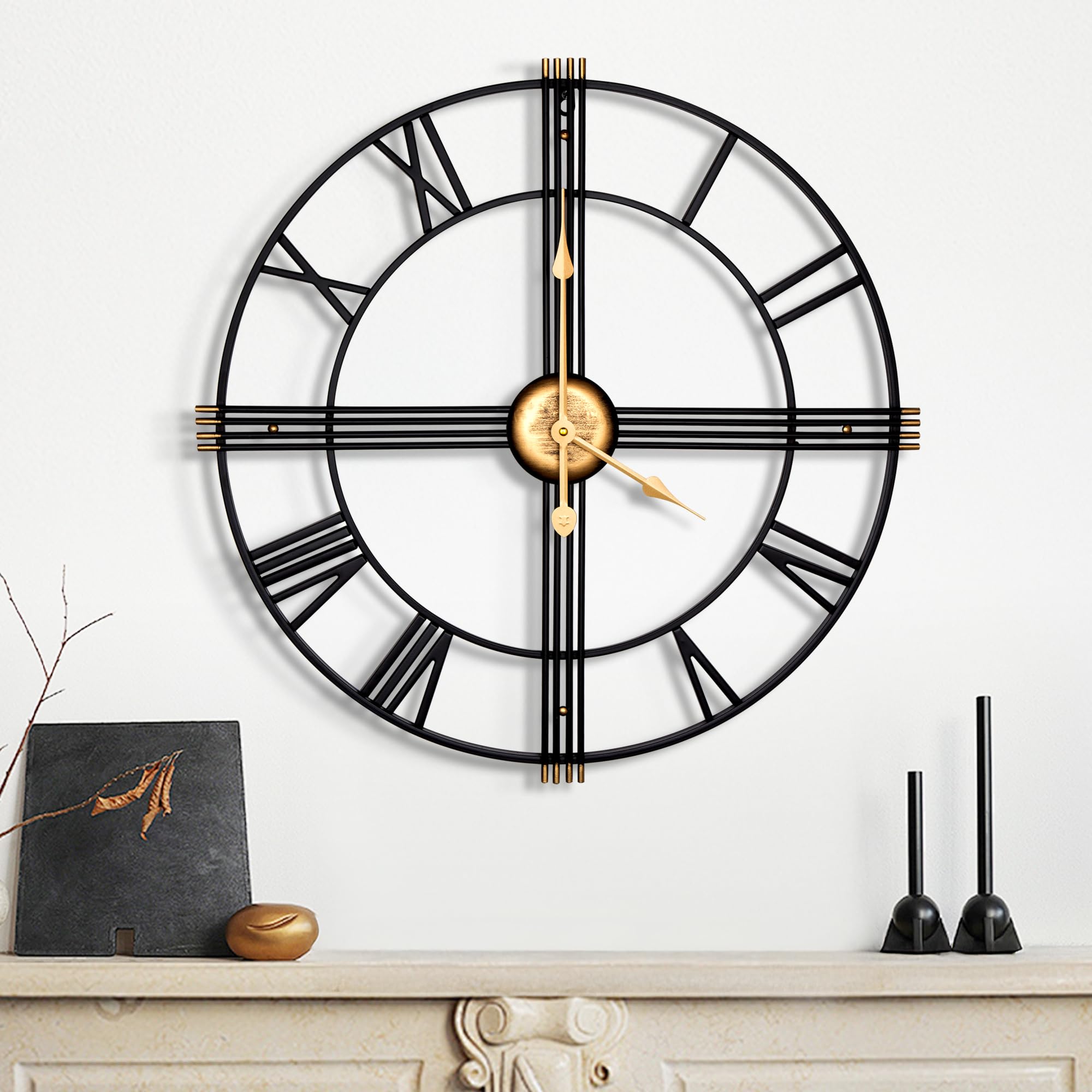 Maxstar Black-712 40Cm Vintage Large Wall Clock,Silent Modern Metal Skeleton Roman Numeral Design, Battery Operated For Living Room,Bedroom, Kitchen,Office, Decor (Black Display,13 Inch)