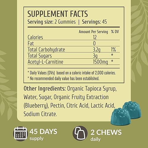 Miniatura 3 de HERBAMAMA ALCAR - Gomitas de acetil L-carnitina de 1500 mg  Suplemento de carnitina L para energía, concentración y apoyo cerebral, vegano, sin OMG,