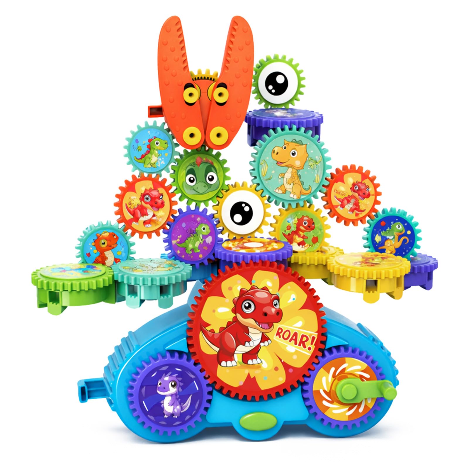 Motorized Gear Building Blocks Toys, Electric Dinosaur Spinning Set Ages 3-6, STEM Construction Kit, Fine Motor Cause-Effect Gift for Boys Girls