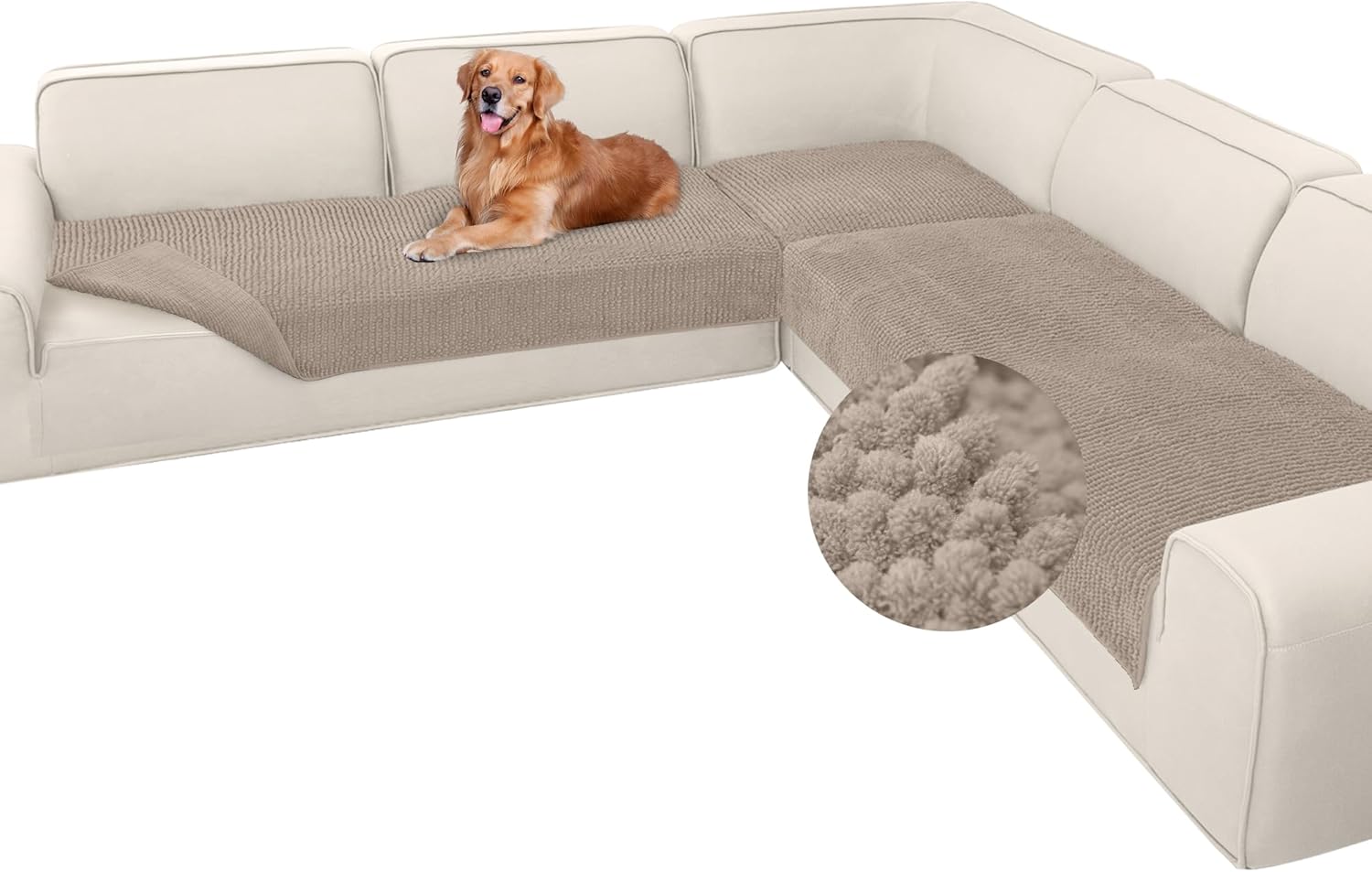 Arfntevss Corner Sectional Couch Covers Plush Chenille L Shape Sofa Cover Thick Soft Sofa Slipcovers 3 Pieces Anti Slip U Shaped Sectional Cover Fluffy Fuzzy Furniture Protector (Large, Light Khaki)