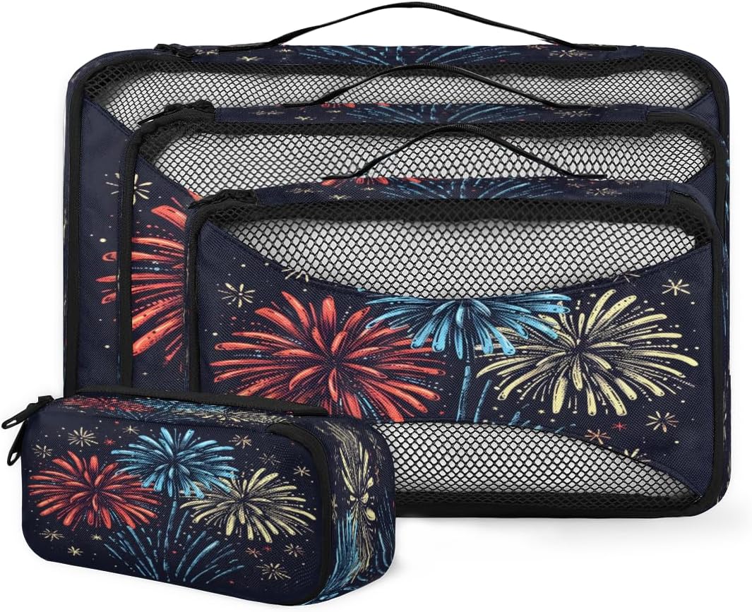 Fireworks Theme 4 Set Packing Cubes Packing Cubes for Women Lightweight Travel Essential Bag Clothes Carry on Suitcase Bags for Accessories Essentials