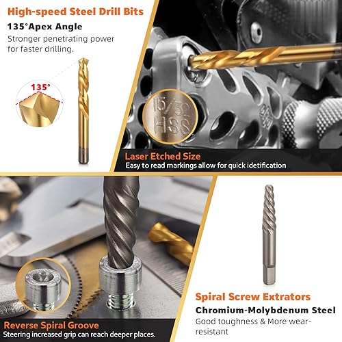 Miniatura 3 de YESKING Juego de 35 extractores de tornillos y brocas, extractores de múltiples estrías, extractores de pernos, brocas y extractor de tornillo en