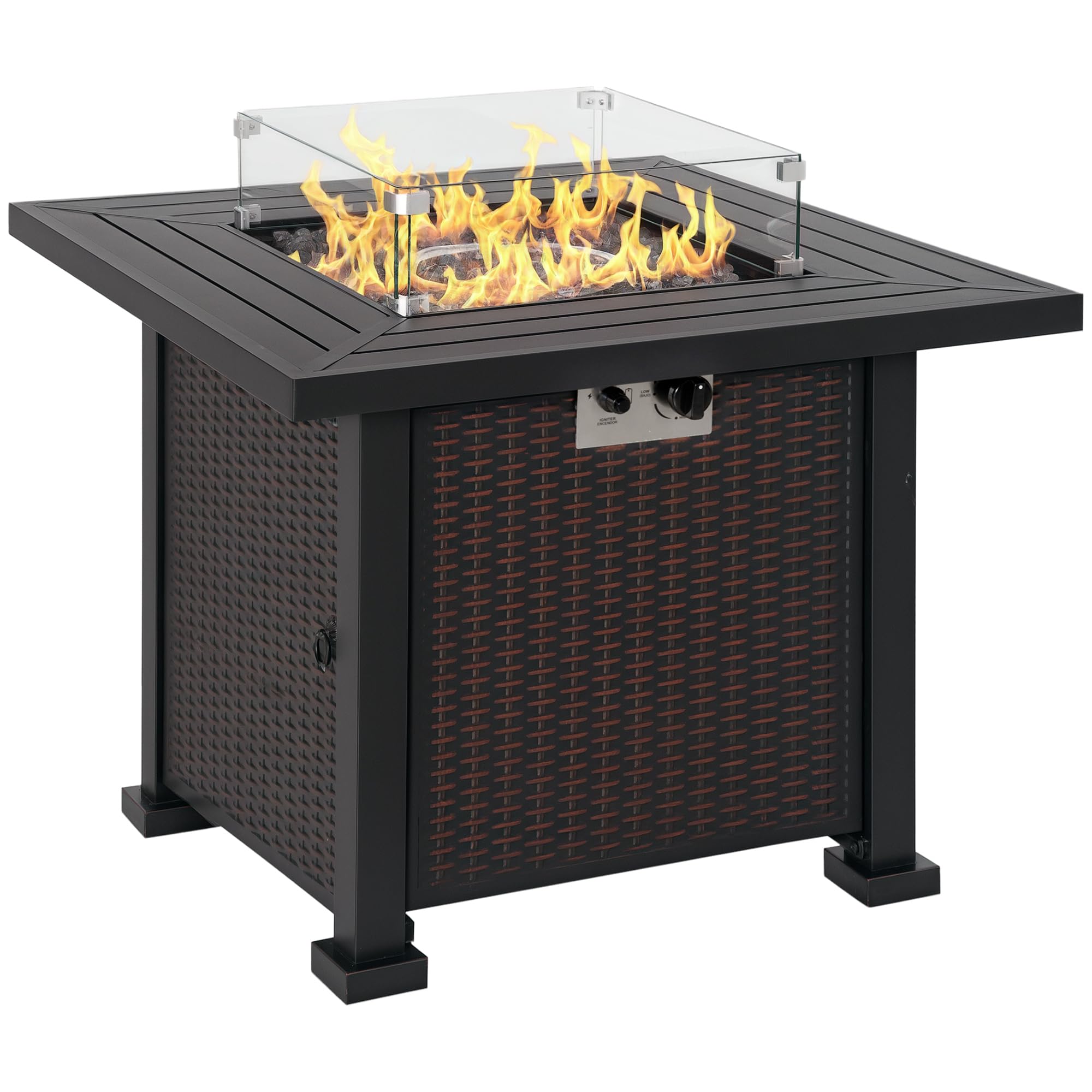 Outsunny Propane Gas Fire Pit Table - Black - 50,000 BTU - Rattan Design - Metal - Outdoor Patio Dining Table with Glass Beads & Wind Screen