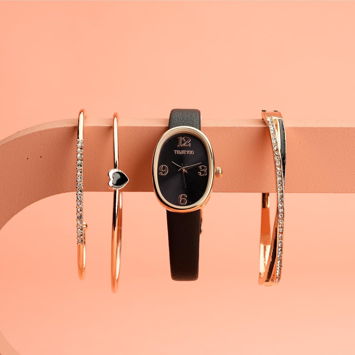 TIME100 Women's Oval Watch and Premium Crystal Accented Bracelet Set, Leather Band - Image 4