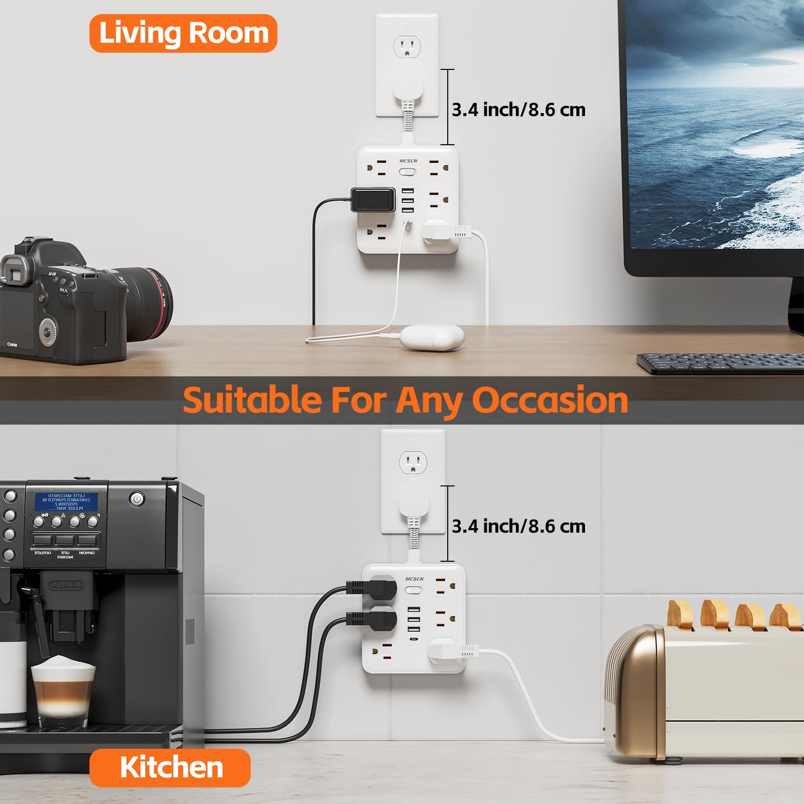 Enchufe plano portátil delgado y delgado, protector de sobrecarga, regleta de alimentación con 6 salidas de CA, 4 USB (1C) para el hogar, oficina, dormitorio, viajes, artículos esenciales