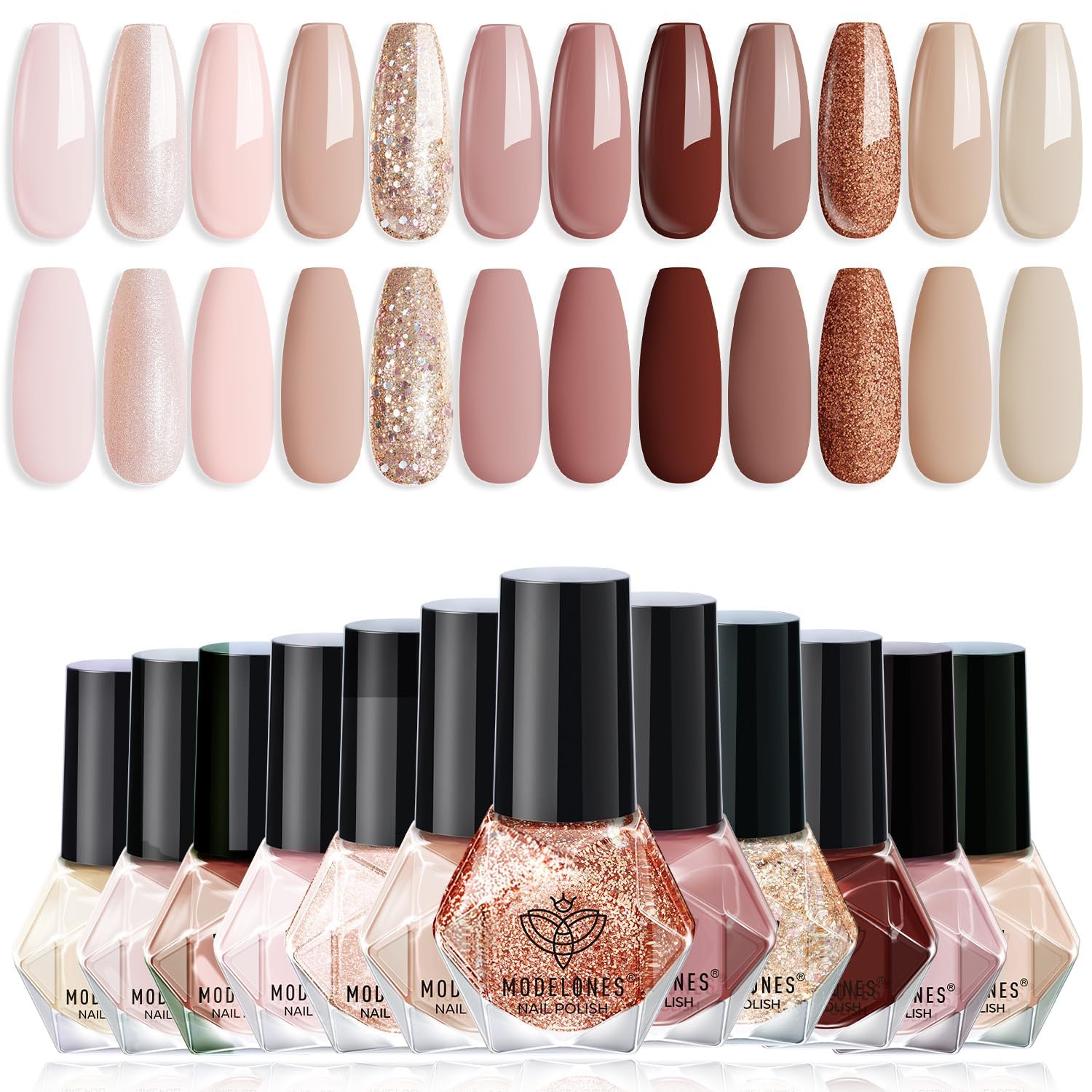 Modelones Nail Polish Set 12 Colors Nude Brown Fall Nail Polish Set Champagne Gold Glitter Nail Polish Neutral Nude Pink Shimmer Fall Winter Brown Nail Gifts for Women Girl DIY Salon Home Manicure