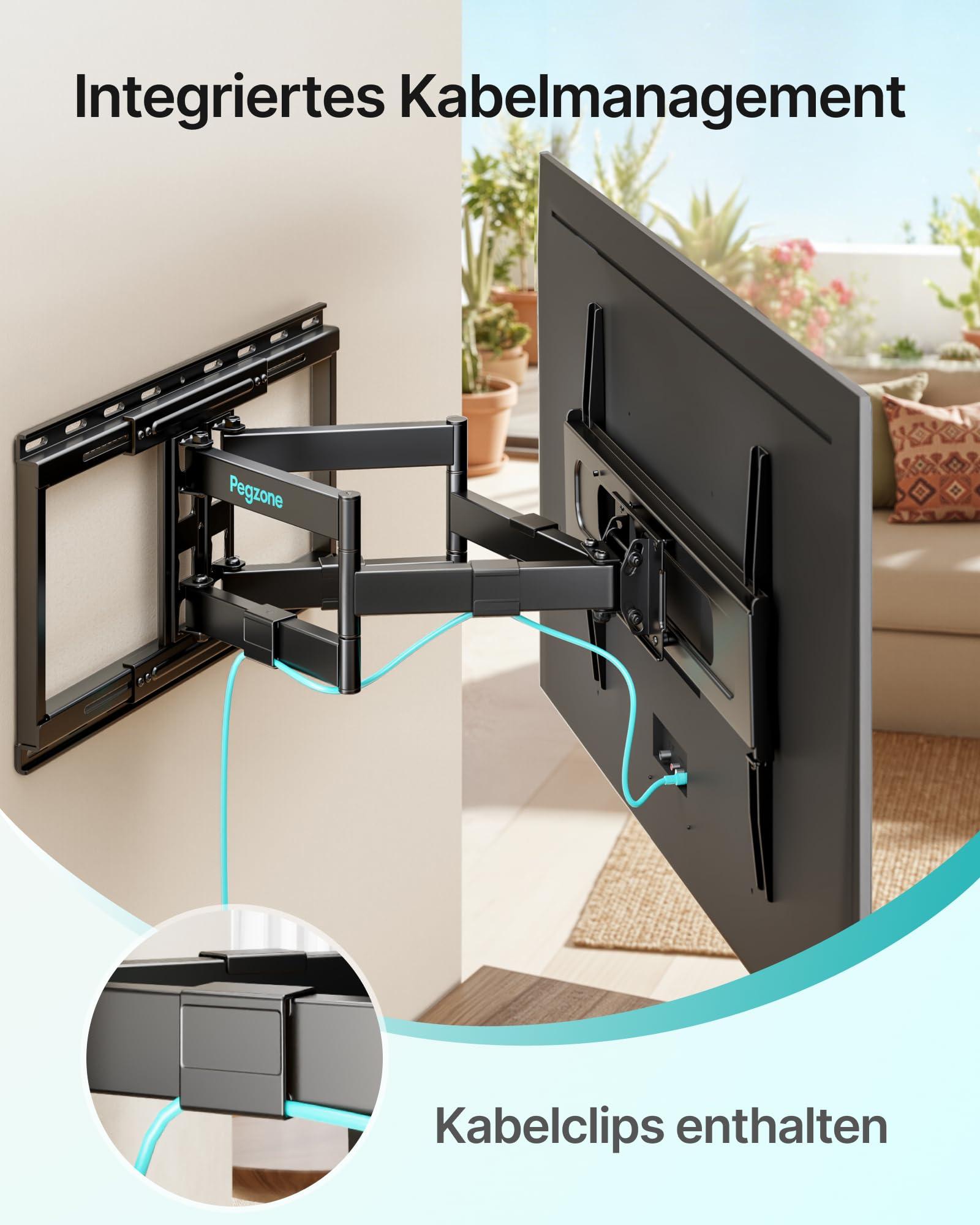 PEGZONE Doppelarm TV Wandhalterung bis 80 kg für 37–90 Zoll Fernseher | Wandhalterung Fernseher Schwenkbar & Neigbar, max. VESA 600x400 mm, Wandabstand 120–645 mm, Kabelmanagement