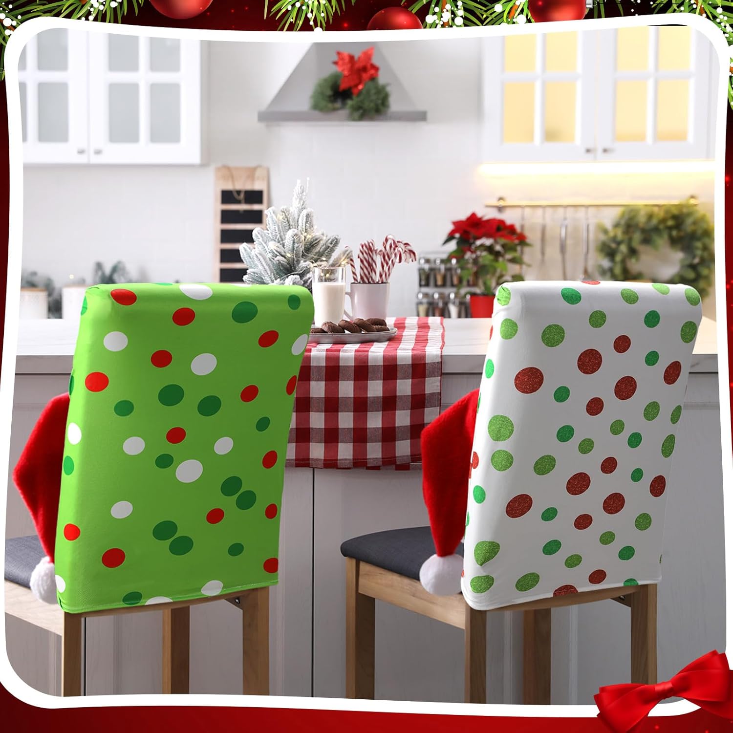 Moukeren Set of 6 Christmas Dining Chair Covers Green Red Christmas Chair Back Covers Xmas Chair Protector Slipcovers Washable Winter Dining Room Seat Covers for Home Hotel Kitchen Decorations