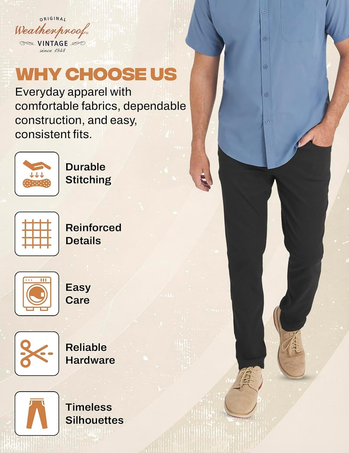 Weatherproof Vintage Men's Hiking Pants - Casual Chino | Straight Slim Fit, Quick Dry, Stretch Travel Pants for Men