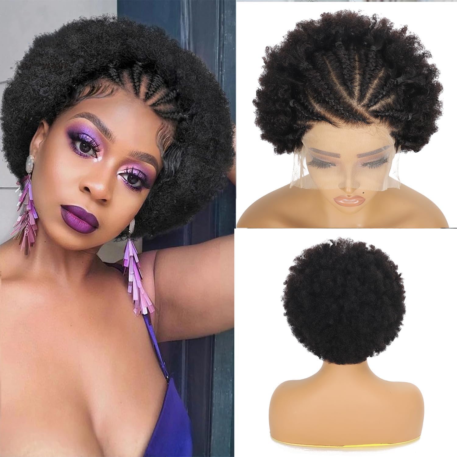 SODLIS Braided Wigs for Black Women 13x6 Lace Front Braideds Wigs Afro Puff Lace Frontal Hair Wig Afro KinkyCurly Human Hair Brazilian Curly Lace