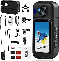 Action Camera with Touchscreen, 8-Hour Battery & 30M Waterproof – 120° Wide Angle, WiFi, POV Portable Body Camera 64GB, Charging Case, Magnetic Mount 10+ Accessories for Travel, Sports (Black)