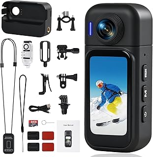 360° Action Camera with Touchscreen, 8-Hour Battery, 30M Waterproof, 120° Wide Angle, WiFi + 64GB Card, Underwater Camera &amp; 10+ Accessories for Cycling, Travel, Pets, and Sports