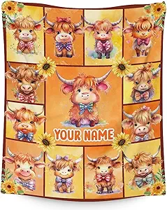 Personalized Highland Cow Blanket Gifts with Name - 30x40 Inches Cute Throw Blanket for Girls & Boys - Yellow Soft Fuzzy Blankets for Couch & Office