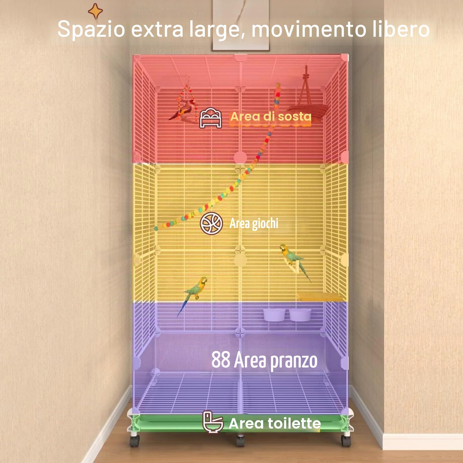 Gabbia per uccelli per parrocchetti e pappagalli, grande gabbia bianca con ruote e vassoio per vari uccelli