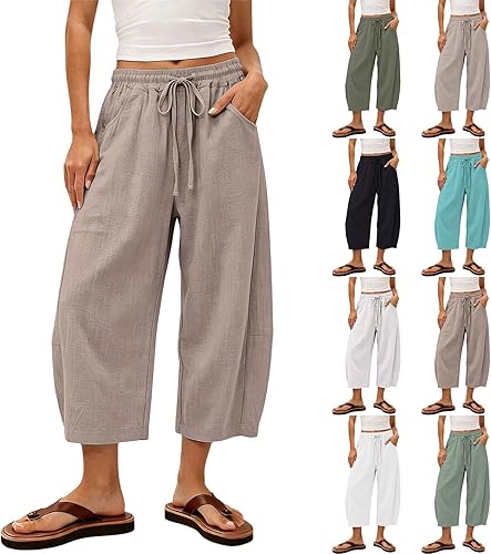 HJYUZP Capri Linen Barrel Pants for Women Drawstring Wide Leg Cotton Cropped 202