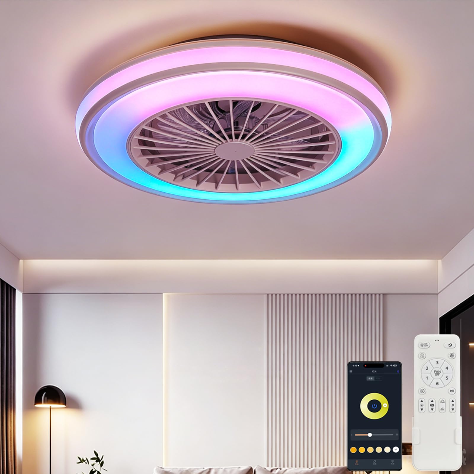 Ø50CM RGB Lampada Ventilatore Soffitto con Telecomando per Soggiorno | LED Lampadario Ventilatore con Altoparlante Bluetooth 6 Velocità Reversibile Dimmerabile Timer APP per Camera da Letto