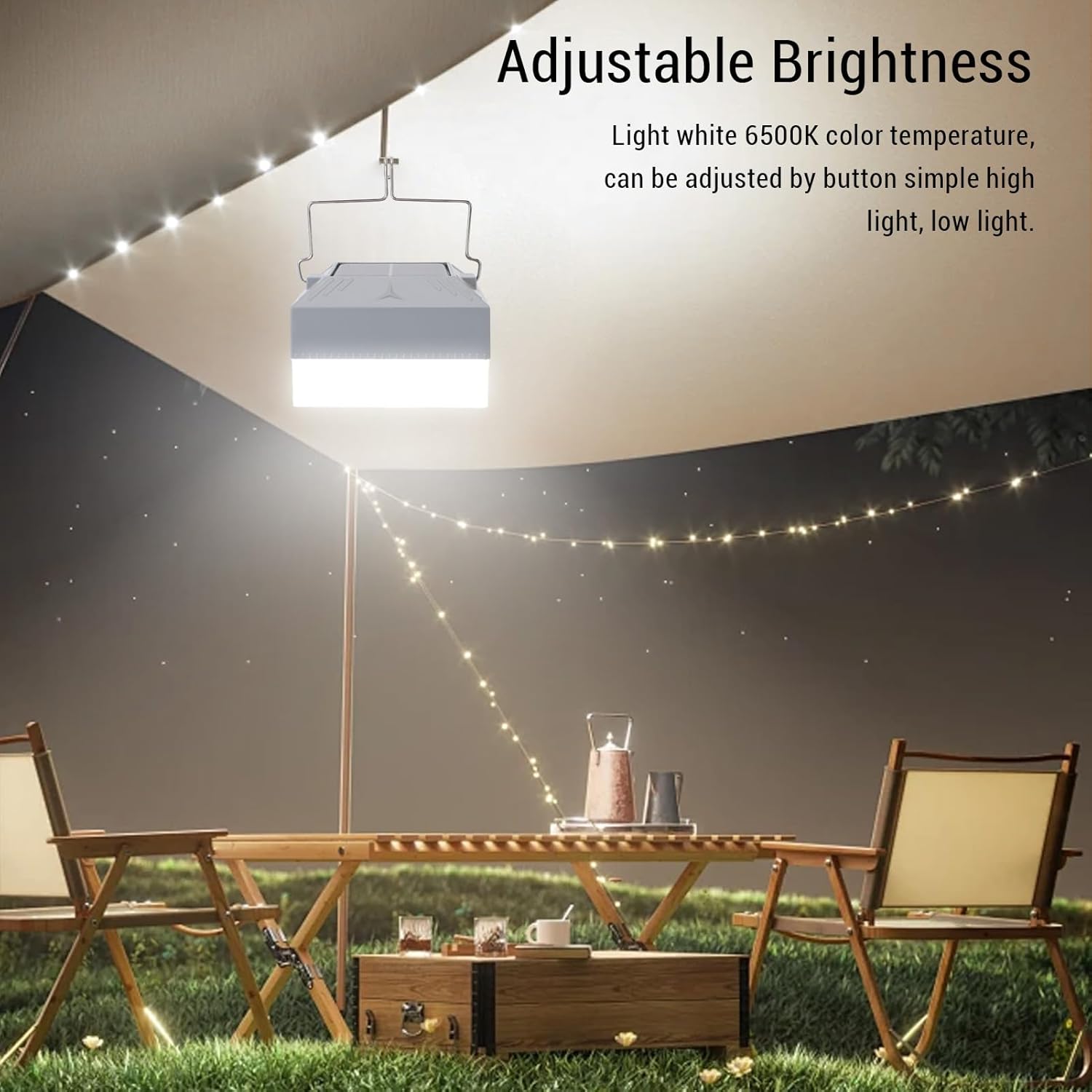 CHICIRIS LED Camping Lantern, 6500K White Light with Adjustable Brightness and SOS Mode, 4800mAh Rechargeable Battery, Portable Solar and USB Powered, for Outdoor Camping Tent Hanging Light