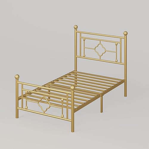 Miniatura 8 de HOOMIC Base de cama de plataforma metálica de tamaño individual de 14 pulgadas con estilo victoriano vintage, cabecera y estribo de hierro