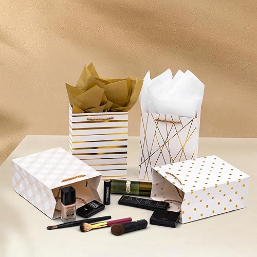 Miniatura 6 de Nihuecne Bolsas de regalo de 9 pulgadas de tamaño mediano con papel de seda, paquete de 4 bolsas de regalo de papel de envoltura de oro blanco con