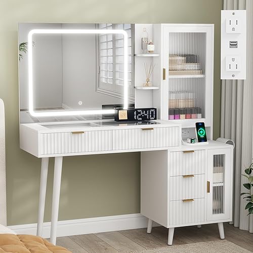 Miniatura 11 de Escritorio de tocador de madera de 49 pulgadas con espejo y luces, mesa de tocador de maquillaje acanalada bohemia con parte superior de vidrio