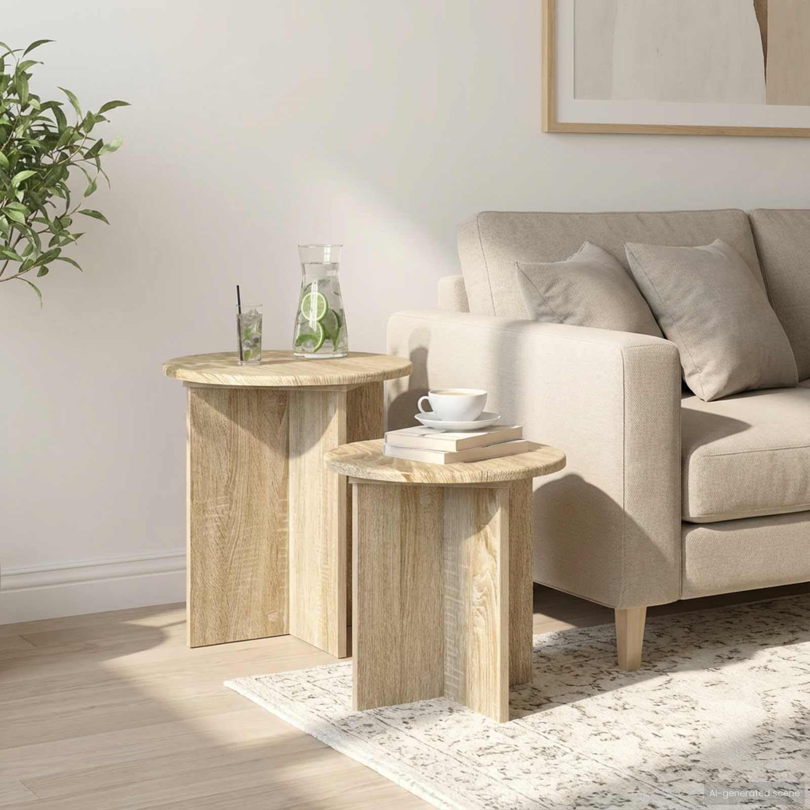 Juego de mesas auxiliares con espacio de almacenamiento, 2 unidades, roble Sonoma, material de madera de roble para salón, dormitorio, pasillo y balcón, ahorro de espacio, versátil