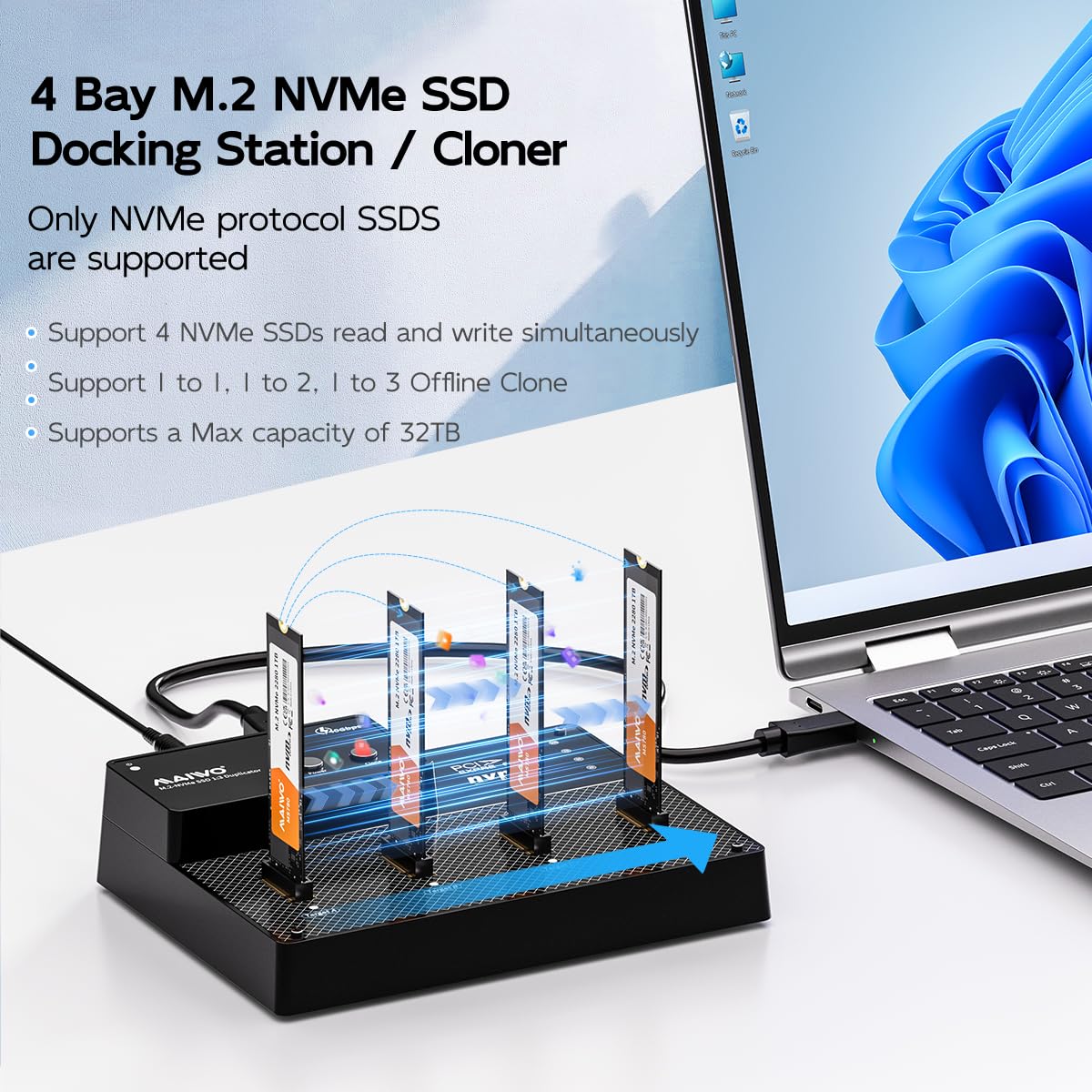 MAIWO 4 Bay M.2 NVMe SSD Dock mit Kühllüfter, USB 4.0 NVMe Cloner Duplikator, unterstützt 1-zu-3 Offline-Klon- und Software-RAID, 40 Gbit/s High Speed, abwärtskompatibel Thunderbolt 4/3