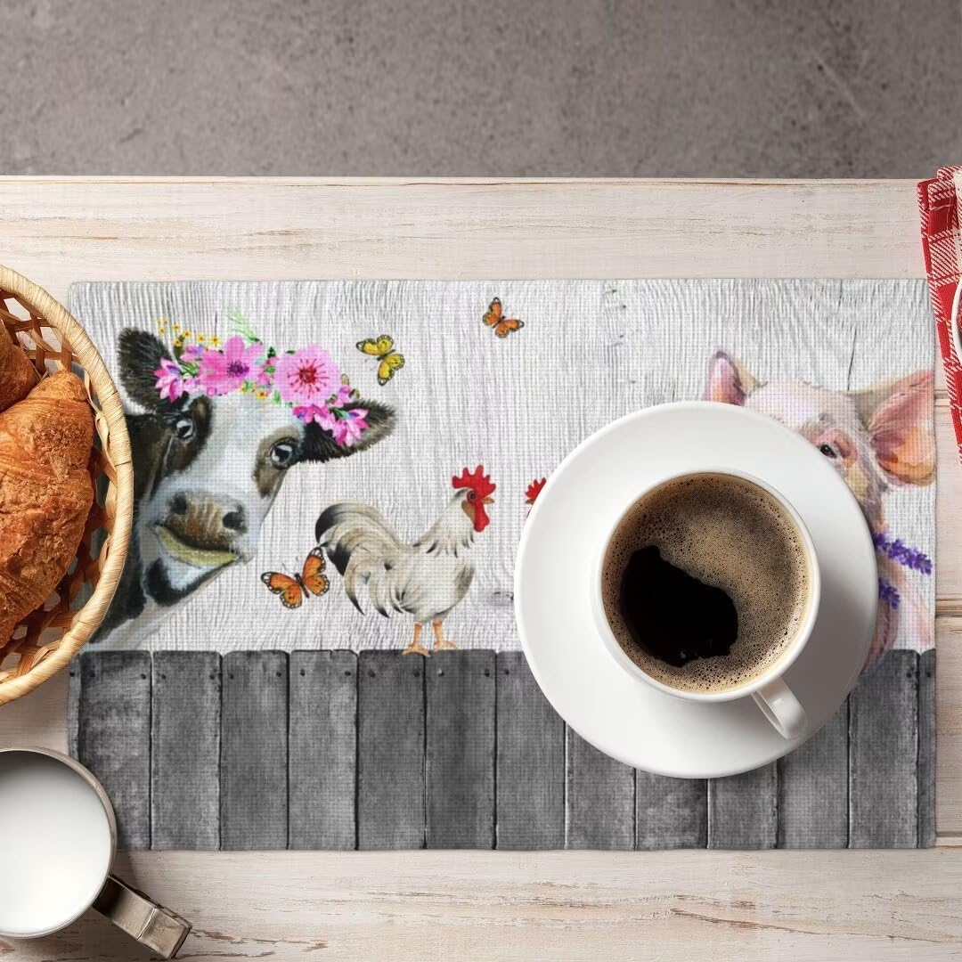 Farm Animal Placemats, Vintage Farmhouse Pig Cow Chicken Retro Wooden Barn Print Table Mats for Dining Kitchen Party Holiday Decor, 12x18 Inch, 4PCS