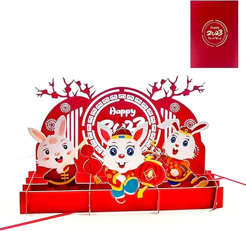 JUESMOS Tarjeta de Año Nuevo chino 2023 tarjeta desplegable 3D tarjetas de felicitación del año del conejo con sobre regalos de Año Nuevo chino 2023