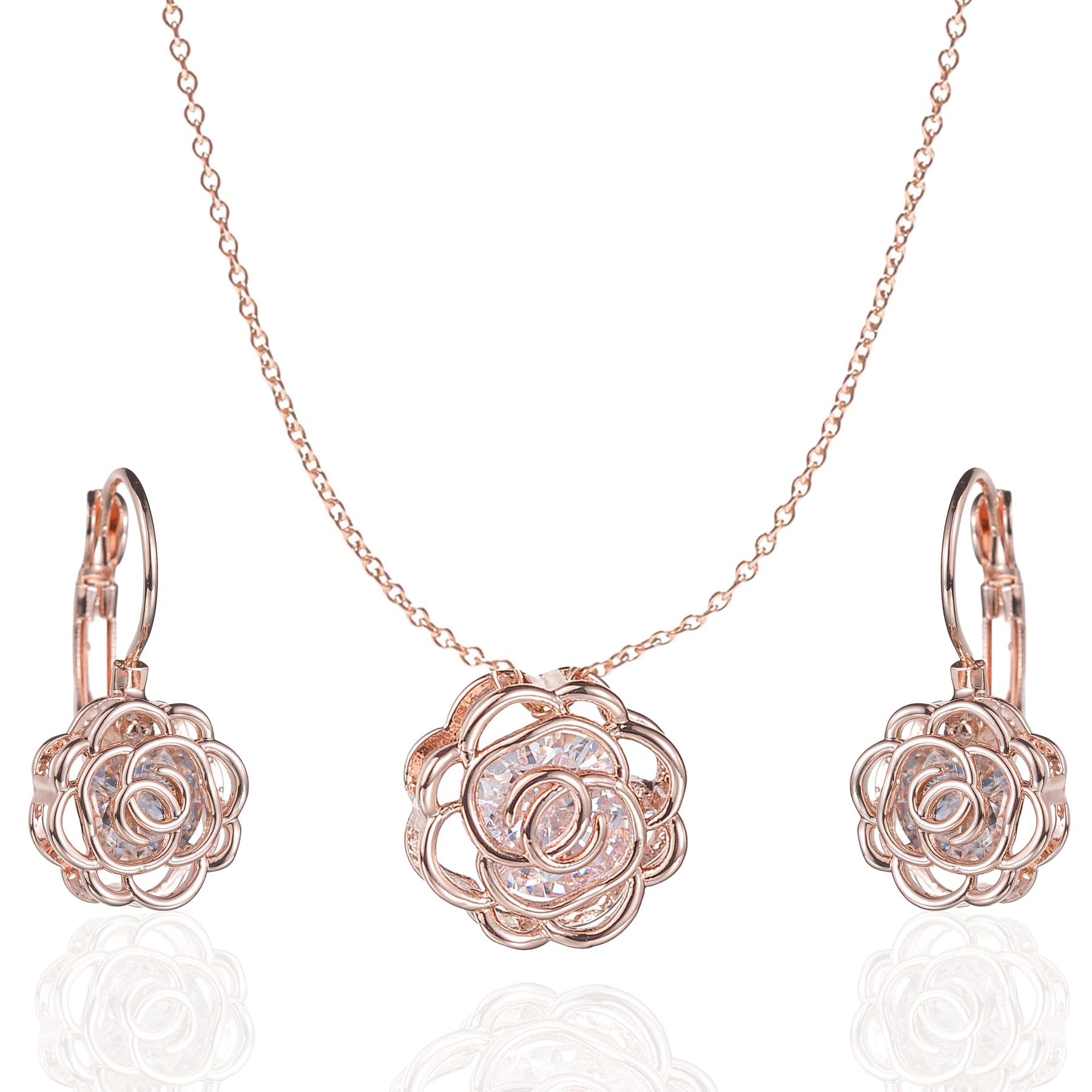 Bcenoilua Conjunto Joyas Mujer Nupcial Oro Flores Rosas Cristales Juego de Joyas Collar con Colgante Pendientes para Mujer Niña Boda Novia y Dama de Honor