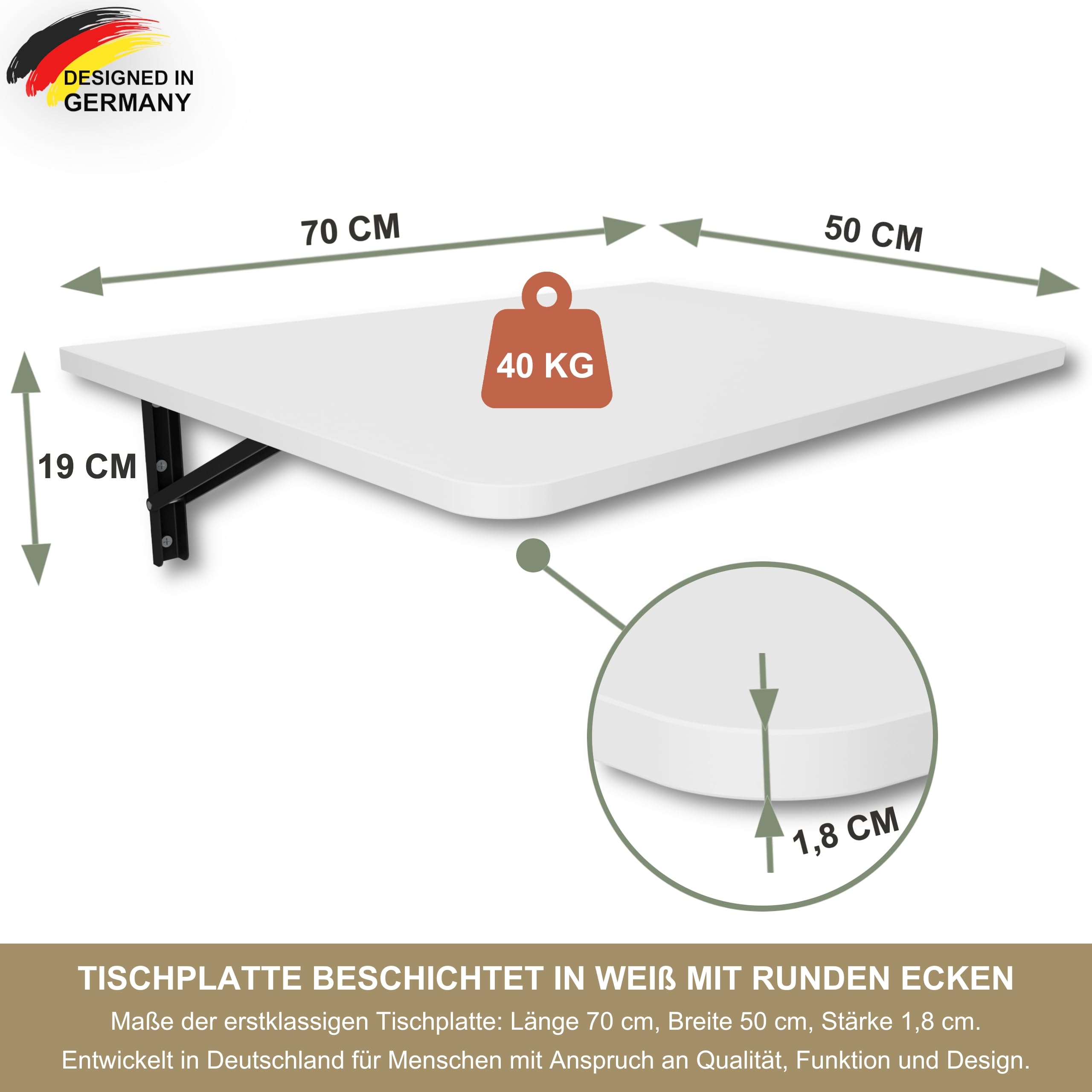 Wandklapptisch Schreibtisch Tischplatte 70x50 cm Klapptisch Esstisch Küchentisch für die Wand Bartisch Stehtisch Wandtisch Tisch klappbar zur Wandmontage (Weiß)