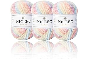 Soft NICEEC Chenille Yarn for Blanket Knitting Crochet Weaving Craft, 3 Pack Candy Rainbow