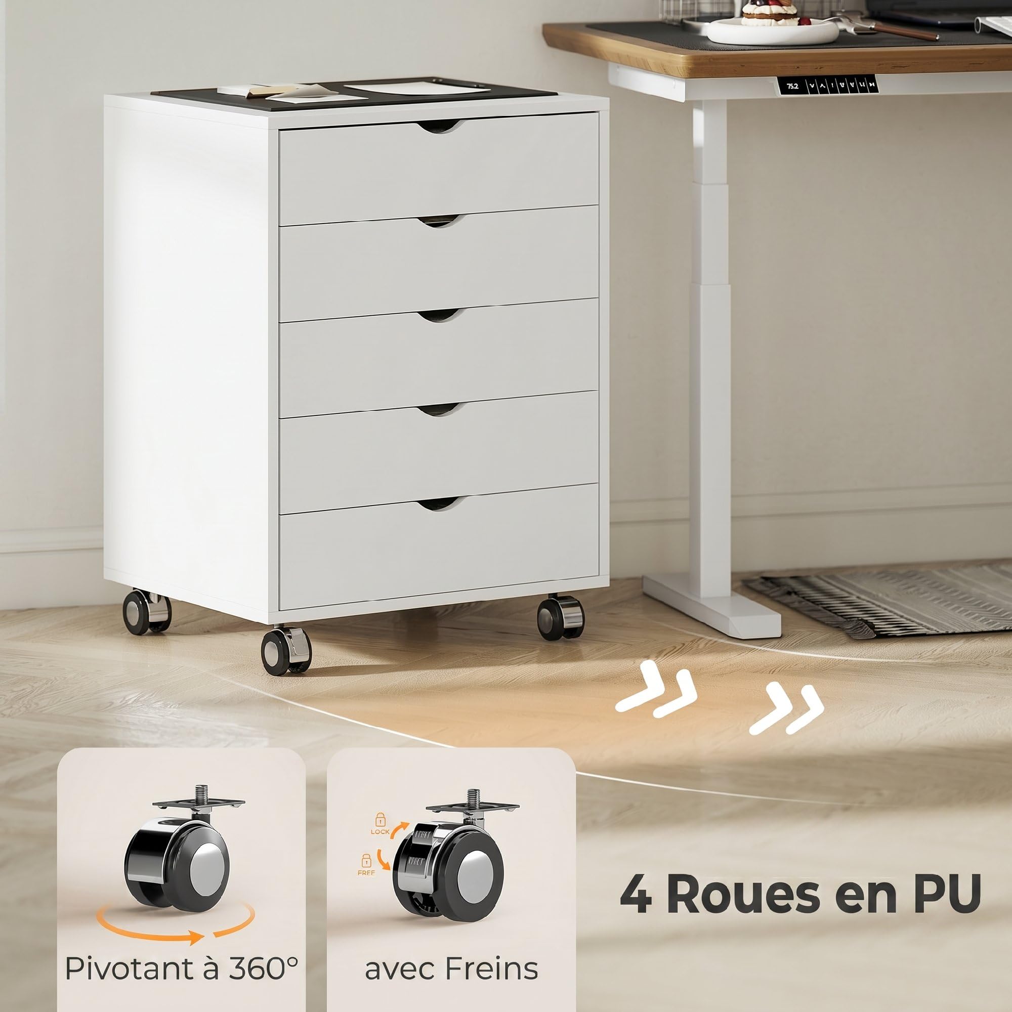 HOMCOM Caisson Bureau Mobile avec 5 Tiroirs A3/Lettre/A4 50x40x67,5cm Blanc | Meuble Rangement Bureau sur Roulettes, pour Imprimante, Caisson de Rangement pour Travail ou Chambre