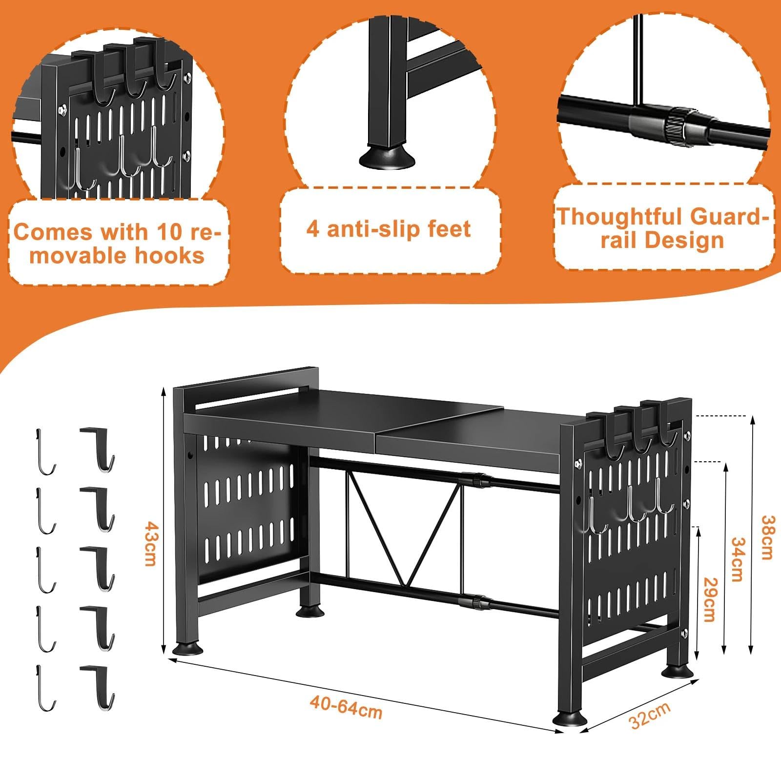 UCAMP Mensola Microonde Estensibile,Regolabile Microonde Scaffale,Acciaio Carbonio Ripiano Contatore Cucina Organizzatore Ripiani,Scaffale Salvaspazio,Supporto Microonde con 10 Ganci